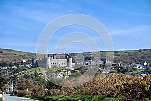 The skyline of Harlech with it`s 12th century castle, Wales, United Kingdom