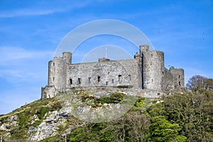 The skyline of Harlech with it`s 12th century castle, Wales, United Kingdom