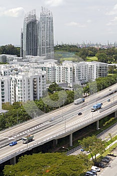 Skyline and highway traffic in Singapore city