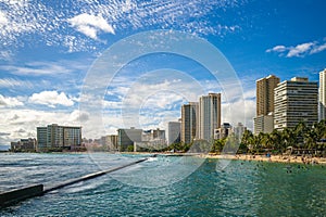 Skyline of Honolulu at Waikiki beach, Oahu island in Hawaii