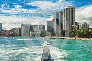 Skyline of Honolulu at Waikiki beach, Oahu island in Hawaii