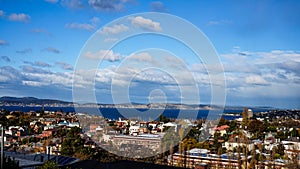 Skyline houses with a range of architectural styles from above, Hobart, Tasmania, Australia
