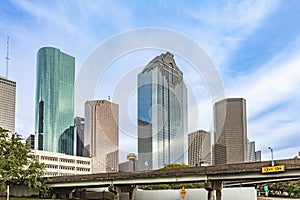 skyline of Houston, Texas in morning light seen from Buffalo bayou park