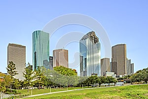 skyline of Houston, Texas in morning light seen from Buffalo bayou park