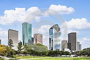 skyline of Houston, Texas in morning light seen from Buffalo bayou park photo