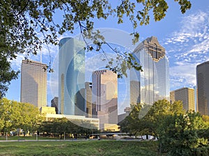 skyline of Houston, Texas in morniong light seen from Buffalo bayou park photo