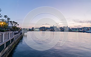 Skyline of Kagoshima with Sakurajima Port during sunset. Taken from the Harbour View Point. Located in Kagoshima, Kyushu, South of