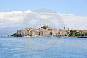 Skyline of Kerkyra Corfu City seen from Ionian Sea, Corfu Island, Greece, Europe