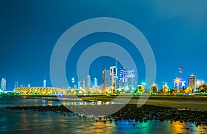 Skyline of Kuwait including the Seif palace, Liberation tower and the National assembly building during night