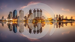 Skyline at lake in Benjakitti park Bangkok