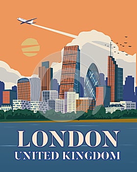 Skyline london united Kingdom from themes river illustration best for travel poster with vintage retro style