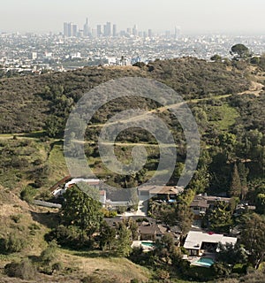 Skyline of Los Angeles with houses