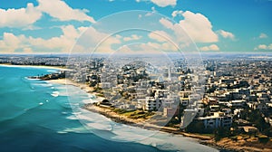 skyline at a low view of a gaza city and the sea from an airplane. Surrounded by the sea