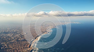 skyline at a low view of a gaza city and the sea from an airplane. Surrounded by the sea