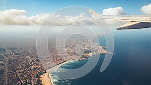 skyline at a low view of a gaza city and the sea from an airplane. Surrounded by the sea