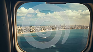 skyline at a low view of a gaza city and the sea from an airplane. Surrounded by the sea