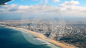 skyline at a low view of a gaza city and the sea from an airplane. Surrounded by the sea