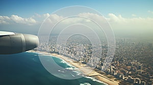 skyline at a low view of a gaza city and the sea from an airplane. Surrounded by the sea