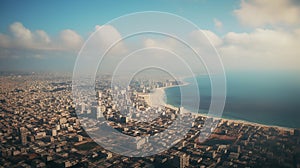 skyline at a low view of a gaza city and the sea from an airplane. Surrounded by the sea