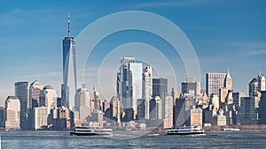 Skyline of lower Manhattan seen from Liberty Island, New York