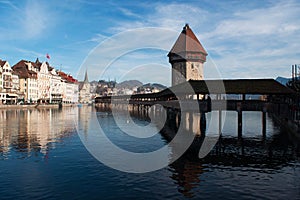 The skyline of Lucerne, Chapel Bridge, capital of Canton of Lucerne, Central Switzerland, Europe