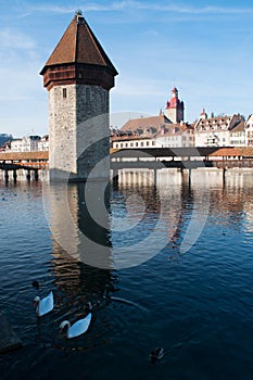 The skyline of Lucerne, Chapel Bridge, capital of Canton of Lucerne, Central Switzerland, Europe