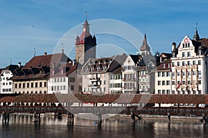 The skyline of Lucerne, Chapel Bridge, capital of Canton of Lucerne, Central Switzerland, Europe