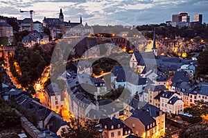 The Skyline of Luxembourg City at night.