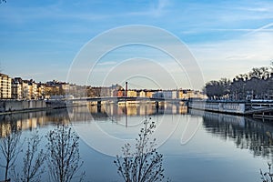 Skyline of Lyon at the river Rhone