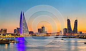 Skyline of Manama at sunset. The Kingdom of Bahrain