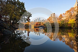 Skyline of Manhattan reflected in a pond in central park at sunrise