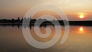 Skyline of Mantova from Lake at sunset, Lombardy, Italy