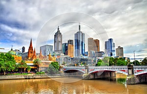 Skyline of Melbourne along the Yarra River and Princes Bridge - Australia