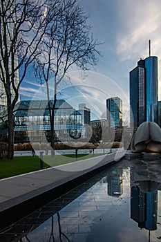 The skyline is a modern city with light in the sunset. Beautiful city photo Financial center in Frankfurt am Main in Germany