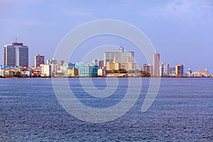 Skyline of modern Havana and Caribbean sea, Cuba