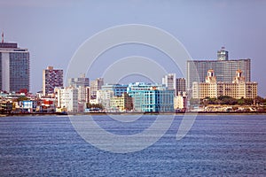 Skyline of modern Havana and Caribbean sea, Cuba