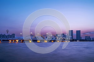 The skyline of modern urban architecture and the scenery of Taihu Lake in Wuxi City, Jiangsu Province, China