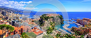 Skyline of Monaco with Prince Palace, old town and port