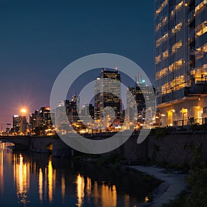 The skyline of Montreal is reflected in the St. Lawrence River.