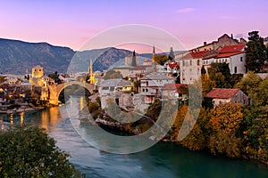 Skyline of Mostar with the Mostar Bridge, Bosnia and Herzegovina