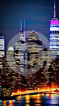 A skyline of New York city at night with lights and skyscrapers illustration Artificial Intelligence artwork generated