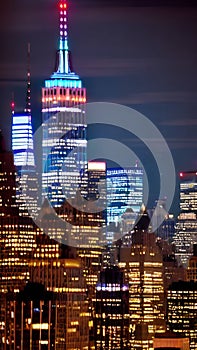 A skyline of New York city at night with lights and skyscrapers illustration Artificial Intelligence artwork generated