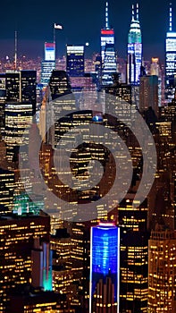 A skyline of New York city at night with lights and skyscrapers illustration Artificial Intelligence artwork generated