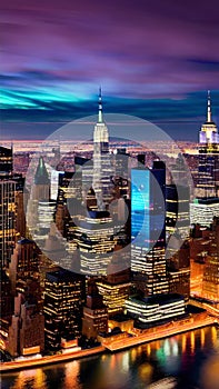 A skyline of New York city at night with lights and skyscrapers illustration Artificial Intelligence artwork generated