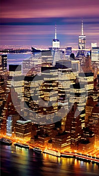 A skyline of New York city at night with lights and skyscrapers illustration Artificial Intelligence artwork generated