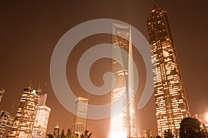 Skyline of office buildings at Lujiazui Financial district at night, Shanghai