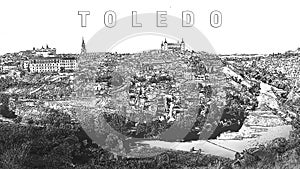 Skyline of the old city of Toledo on the hill where the Old Cathedral and the Alcazar stand embraced by the Tagus River