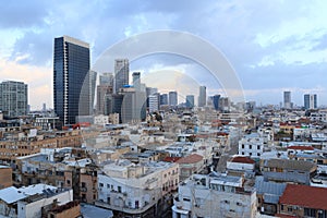Skyline panorama of city Tel Aviv with urban skyscrapers in the evening, Israel
