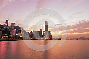 Skyline panorama of Colorful magnificent sunset city view of Central and admiralty, Victoria Harbour, Hong Kong, photo from Wan