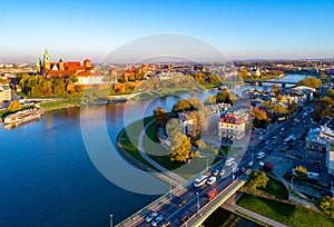 Krakow skyline, Poland, with Zamek Wawel castle and Vistula River photo